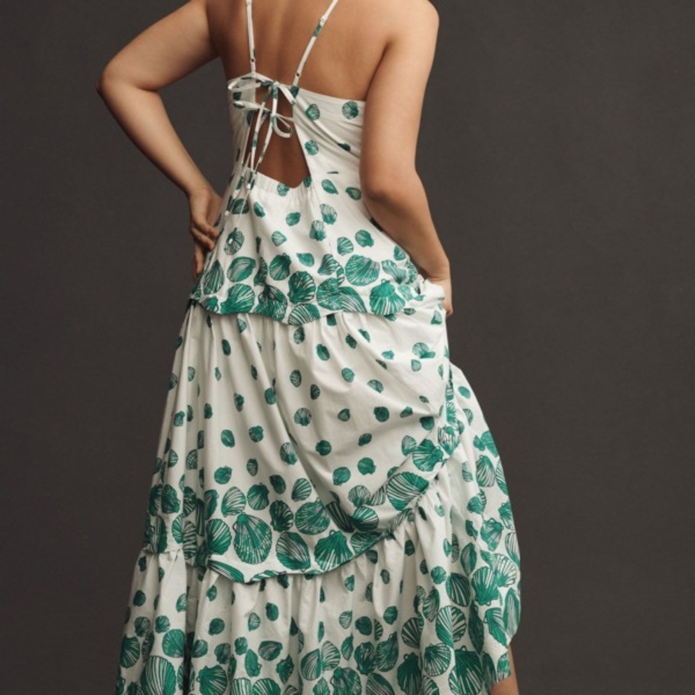 Anthropologie White Maxi Dress with Green Leaf Print